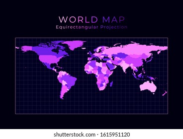World map in equirectangular projection with bright pink neon colors on a dark background. Captivating vector illustration.