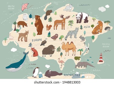 World map of Eurasia animals vector illustrations set print