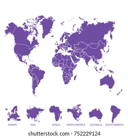 World map. Europe Asia America Africa Australia