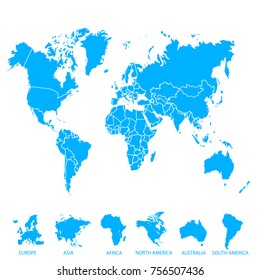 World map. Europe Asia America Africa Australia