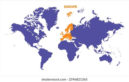 World map with Europe focus-03, Map of Europe, highlighted on the world map, Europe on the world map, Satellite view, Europe location on the globe.