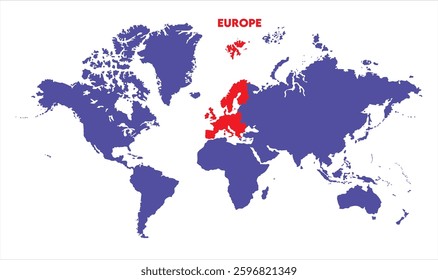 World map with Europe focus-06, Map of Europe, highlighted on the world map, Europe on the world map, Satellite view, Europe location on the globe.