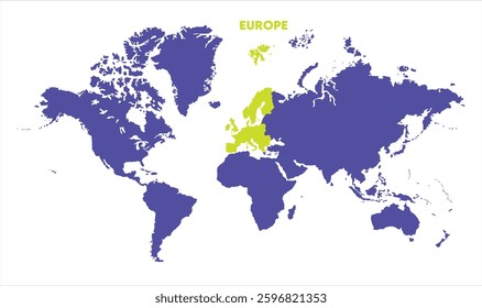 World map with Europe focus-07, Map of Europe, highlighted on the world map, Europe on the world map, Satellite view, Europe location on the globe.