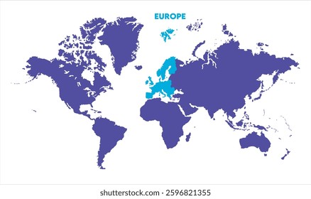 World map with Europe focus-11, Map of Europe, highlighted on the world map, Europe on the world map, Satellite view, Europe location on the globe.