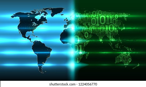 World map with evolving digital global technologies. Map of the Earth with continents from a binary code with a background of abstract printed circuit boards, electronics. Concept digital technology