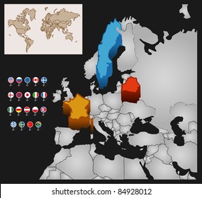 Mapa mundial con países de color extruidos