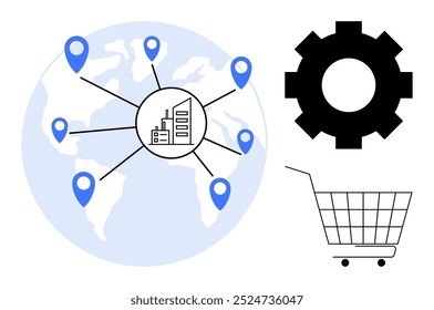 World map with factory connecting to multiple locations with pins, a gear, and a shopping cart icon. Ideal for global logistics, supply chain management, manufacturing, productivity, and e-commerce