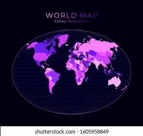 World Map. Fahey pseudocylindrical projection. Digital world illustration. Bright pink neon colors on dark background. Charming vector illustration.