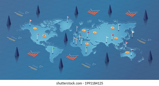 World Map, with Famous countries Flags and Currencies Modern Isometric Business and Economy Vector Illustration Design
