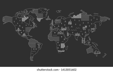 World Map with Famous Landmarks. Line art illustration