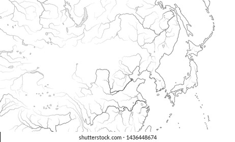 World Map of FAR EAST REGION: 
Japan, Korea, China, Manchuria, Siberia, Yakutia, Mongolia, Buryatia, Dzungaria, Huang-He and Yangtze Rivers. Geographic chart with oceanic coastline and main rivers.