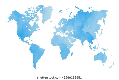 A world map features a watercolor texture in soft blue hues. The design offers a contemporary, artistic representation of global geography. Ideal for various creative projects or educational uses.