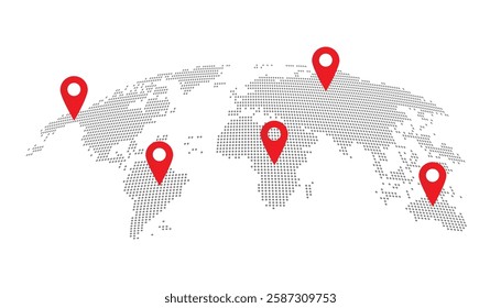 World map featuring location markers. Infographic world map multiple locations. Dotted world map with red color pointers. Red pin marks. Vector illustration.