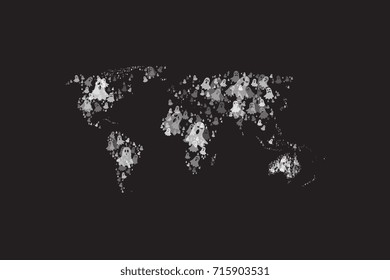 world map filled with ghosts for halloween of different sizes and degrees of transparency on a black background