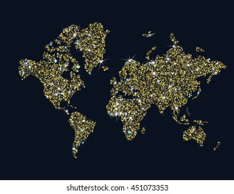 World map filled with gold glitter and sparkles, with plenty of space to insert your own quote under the image.