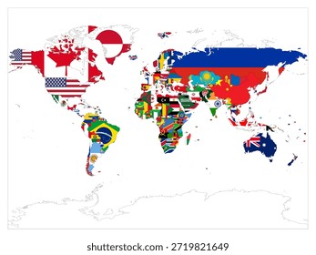 A world map filled with various national flags representing each country. The flags cover geographical boundaries. Different colors and symbols reflect global diversity.