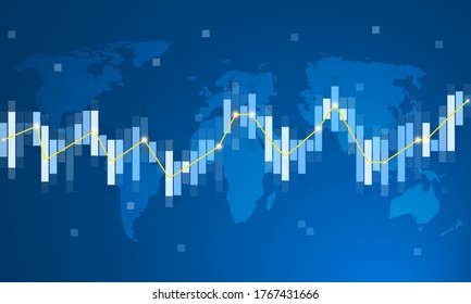 World Map with Financial Data Graph Chart on Blue Background. Vector Illustration.