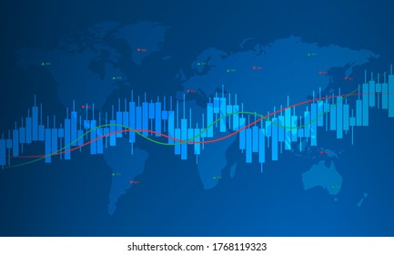 World Map with Financial Data Graph Chart on Blue Background. Vector Illustration.
