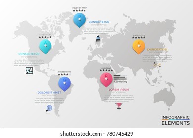 World map with five colorful round location pins, thin line pictograms, 5 star rating indicators. Infographic design template. Concept of best touristic places to visit. Modern vector illustration.