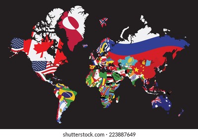 World map with flag on black background