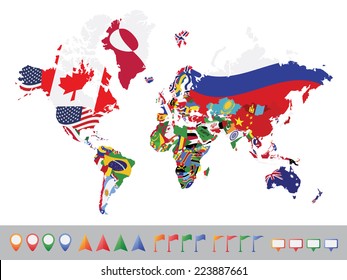 World map with flag on white background