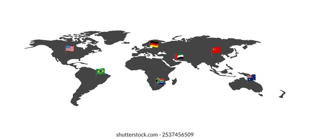 Mapa del mundo con el icono de punteros de bandera. Mapa curvo del país, centrado en Europa y el continente africano. Vector aislado