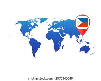 Weltkarte mit Flaggen, die auf den Standort der Philippinen zeigen