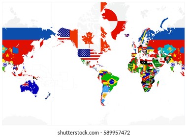 World Map Flags - America in center - Isolated on white. Highly detailed vector illustration of World Map.