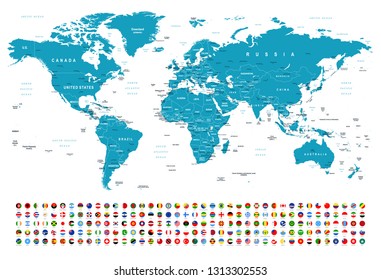 World Map and Flags - borders, countries and cities -vector illustration