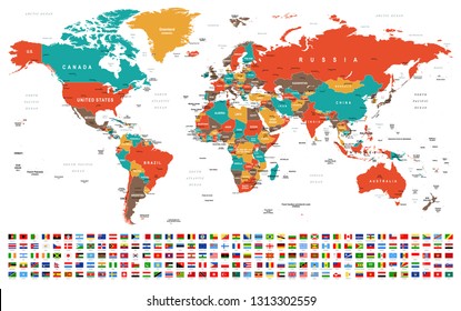 World Map and Flags - borders, countries and cities -vector illustration