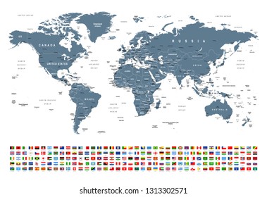 World Map and Flags - borders, countries and cities -vector illustration