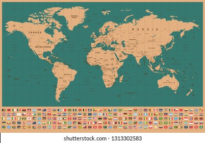 World Map and Flags - borders, countries and cities - vintage vector illustration