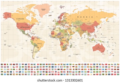 World Map and Flags - borders, countries and cities - vintage vector illustration