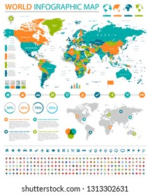 World Map and Flags - borders, countries and cities - vector infographic illustration