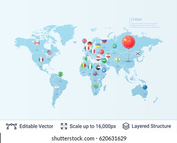 World map with flags. Country symbols and borders on the map. Vector pointer template easy to edit.