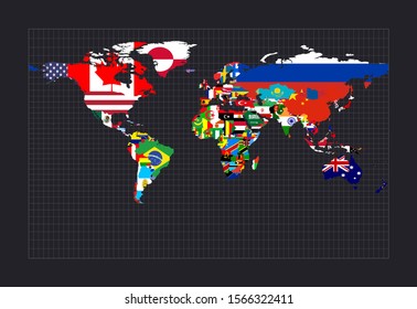 World map with flags. Cylindrical stereographic projection. Map of the world with meridians on dark background. Vector illustration.