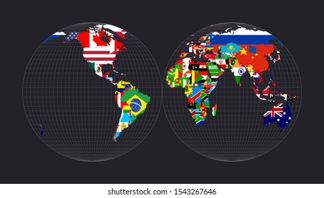 World map with flags of each country. Mollweide projection interrupted into two equal-area hemispheres. Map of the world with meridians on dark background. Vector illustration.