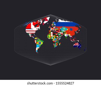 World map with flags of each country. Baker Dinomic projection. Map of the world with meridians on a dark background. Vector illustration.