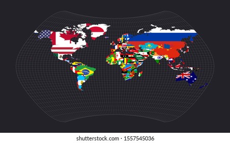 World map with flags of each country. Larrivee projection. Map of the world with meridians on dark background. Vector illustration.