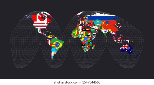 World map with flags. Goode's interrupted homolosine projection. Map of the world with meridians on dark background. Vector illustration.