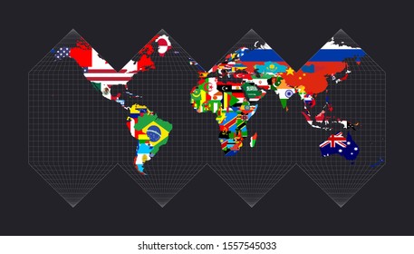 World map with flags. HEALPix projection. Map of the world with meridians on dark background. Vector illustration.