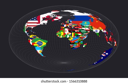 World map with flags in Lambert azimuthal equal-area projection. Vector illustration on a dark background.