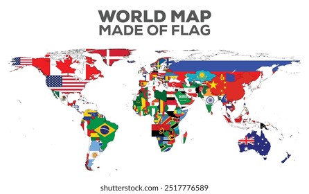 World Map With Flags, Very high resolution world map, isolated on white background. Infographic, Flat Earth, Globe similar worldmap icon. annual report, Travel worldwide, map silhouette backdrop.