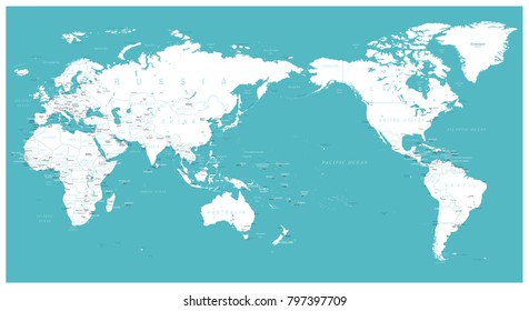 World Map Flat - Asia In Center- Vector