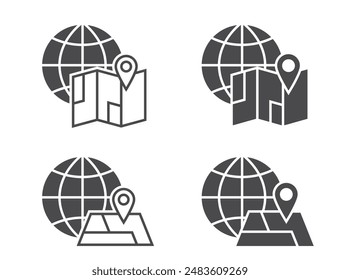 Welt- und Kartensymbole. Erd-, Reise- und Standortsymbole. Isolierte Vektorbilder für Tourismusdesign