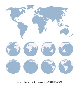 World Map flat image projection representing the surface of the Earth and three-dimensional, spherical, scale model of Earth in set of globes, white, blue color. Guide for travelling round the world