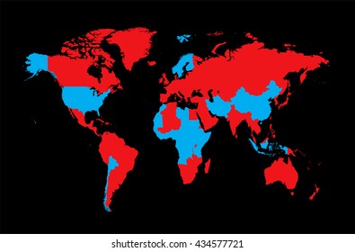 world map flat red and blue