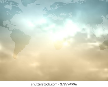 World map flat in retro colors with sky and clouds - global worldmap background