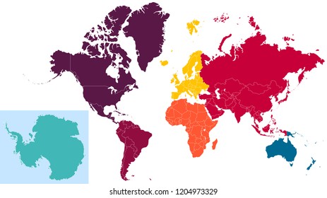 The world map. Flat single color division by continent. 