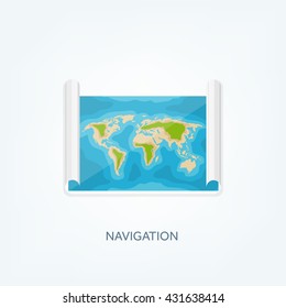 World map in a flat style.Earth,globe.Route planning.Map of Asia,Africa,North America,South America,Antarctica,Europe,Australia.Continents of the world on the map.World navigation system.GPS. 
